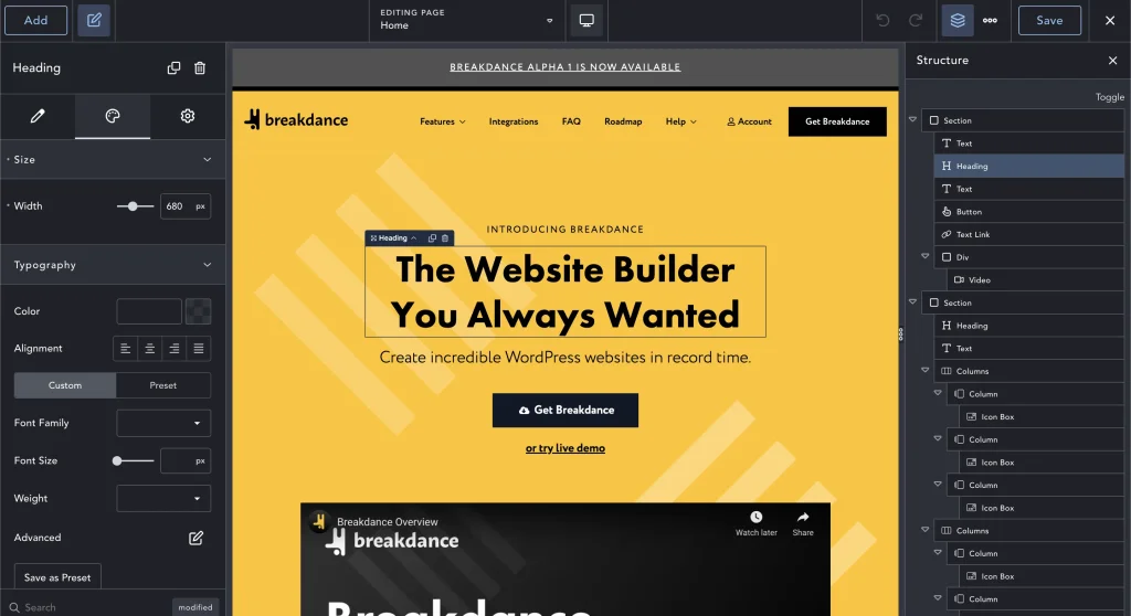 The Breakdance page builder editing interface