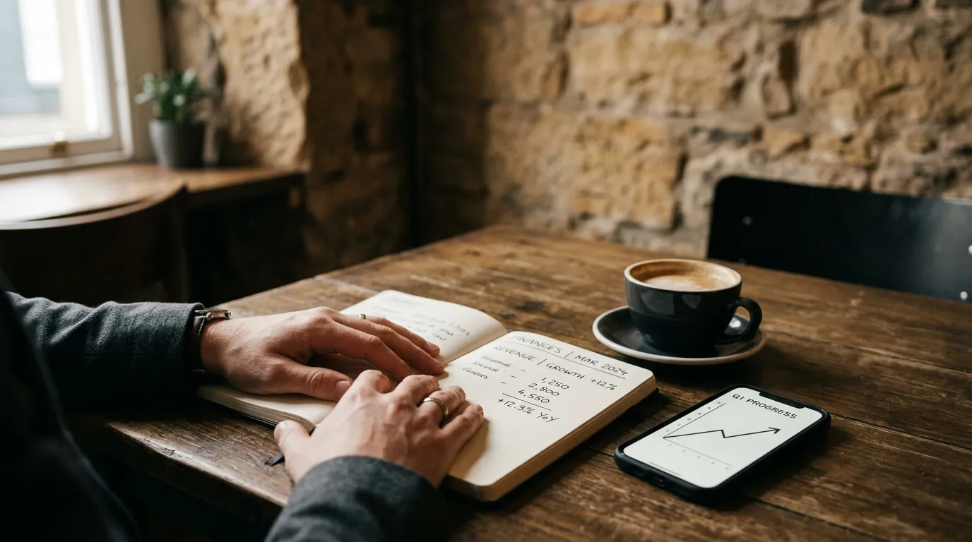 Hands writing figures in a notebook beside a coffee and a phone showing a growth chart