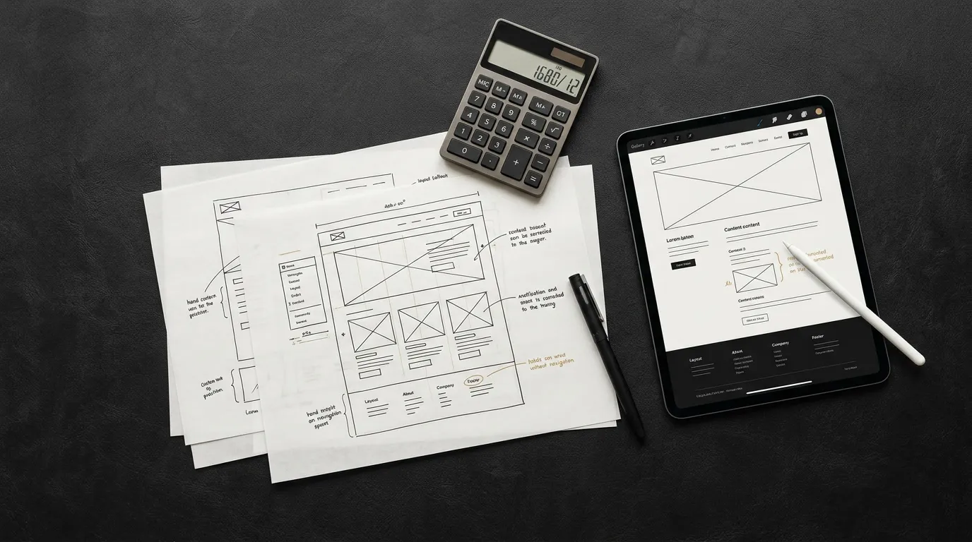 Website wireframe sketches, a calculator and a tablet laid out on a dark desk
