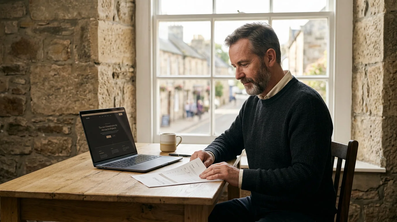 Business owner reviewing a website quote at a laptop in a stone-walled Scottish office