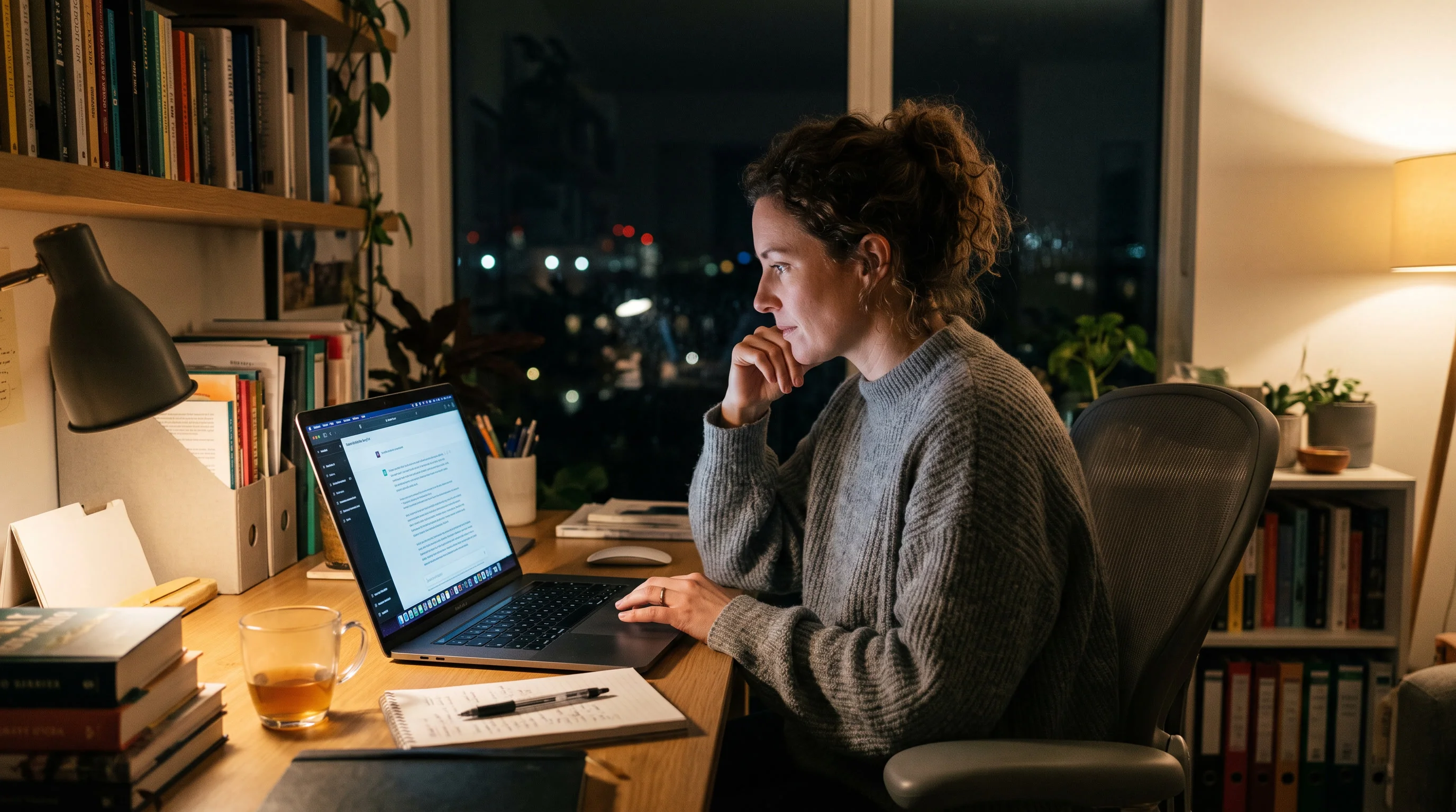 Someone reading a long AI assistant reply on a laptop late at night in a home office, the screen the only light in the room
