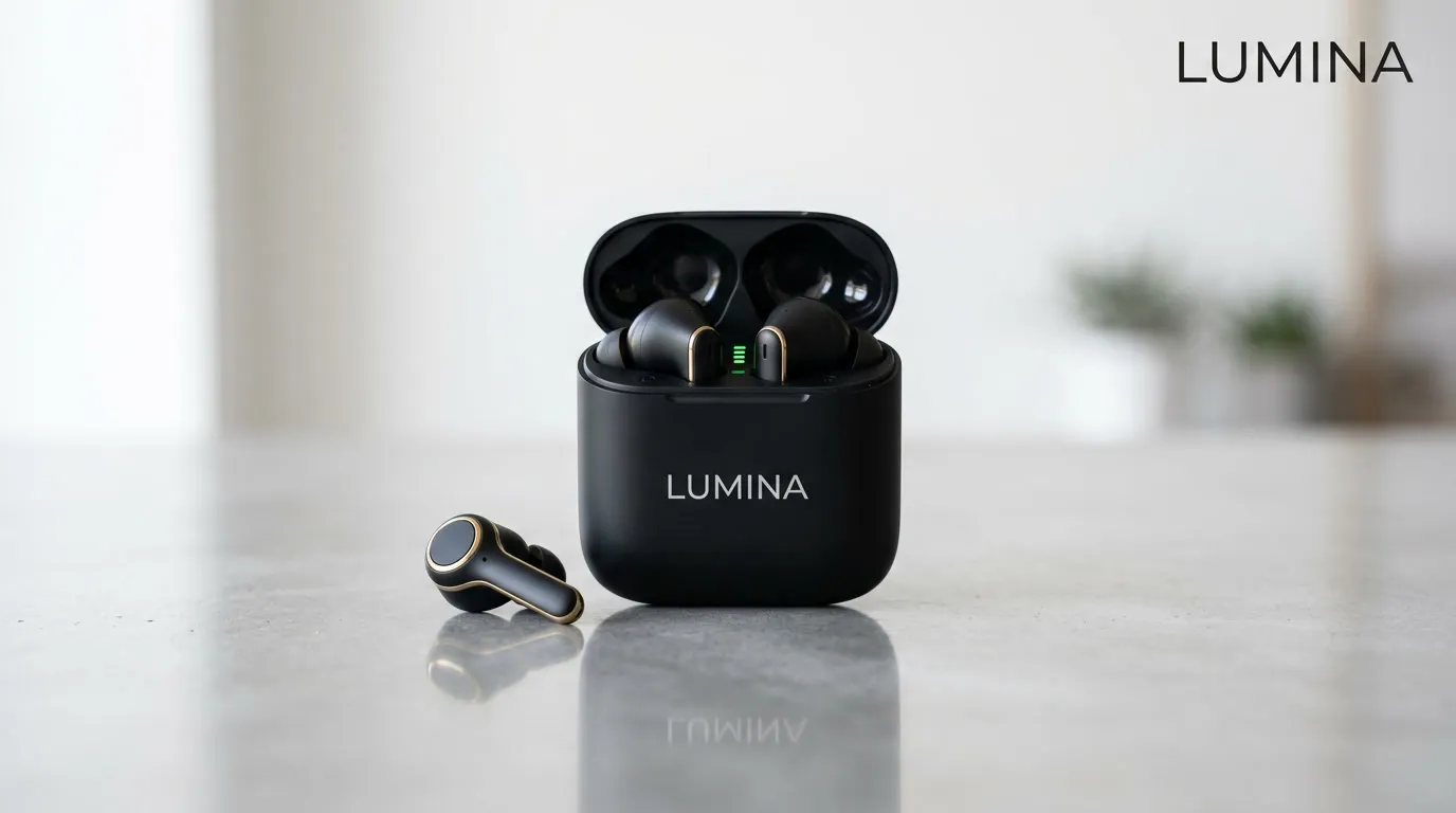 Wireless earbuds and their charging case photographed on a reflective surface with soft studio lighting