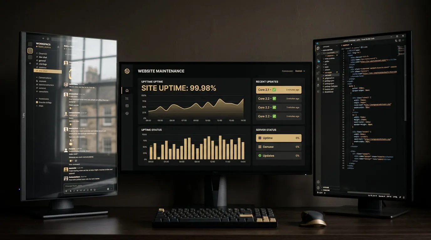 Website maintenance dashboard showing site uptime on a multi-monitor setup