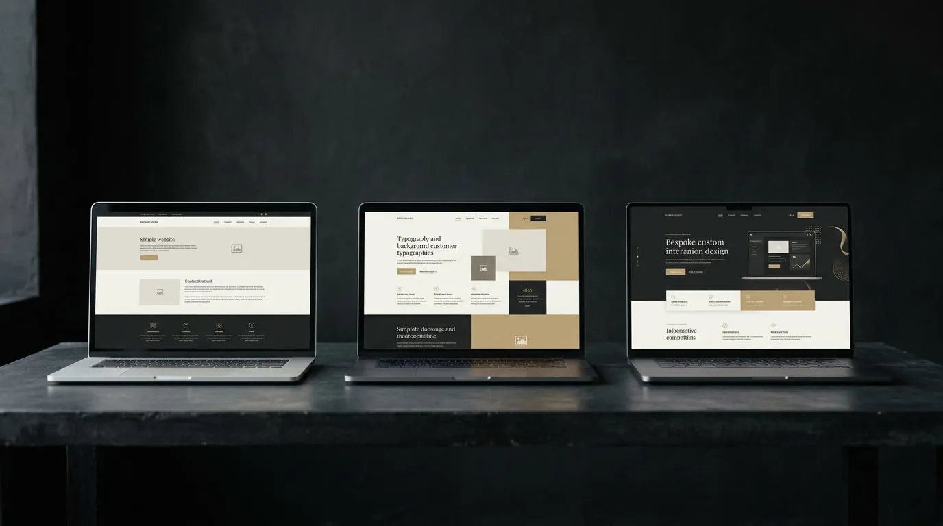 Three laptops showing website designs of increasing sophistication, left to right