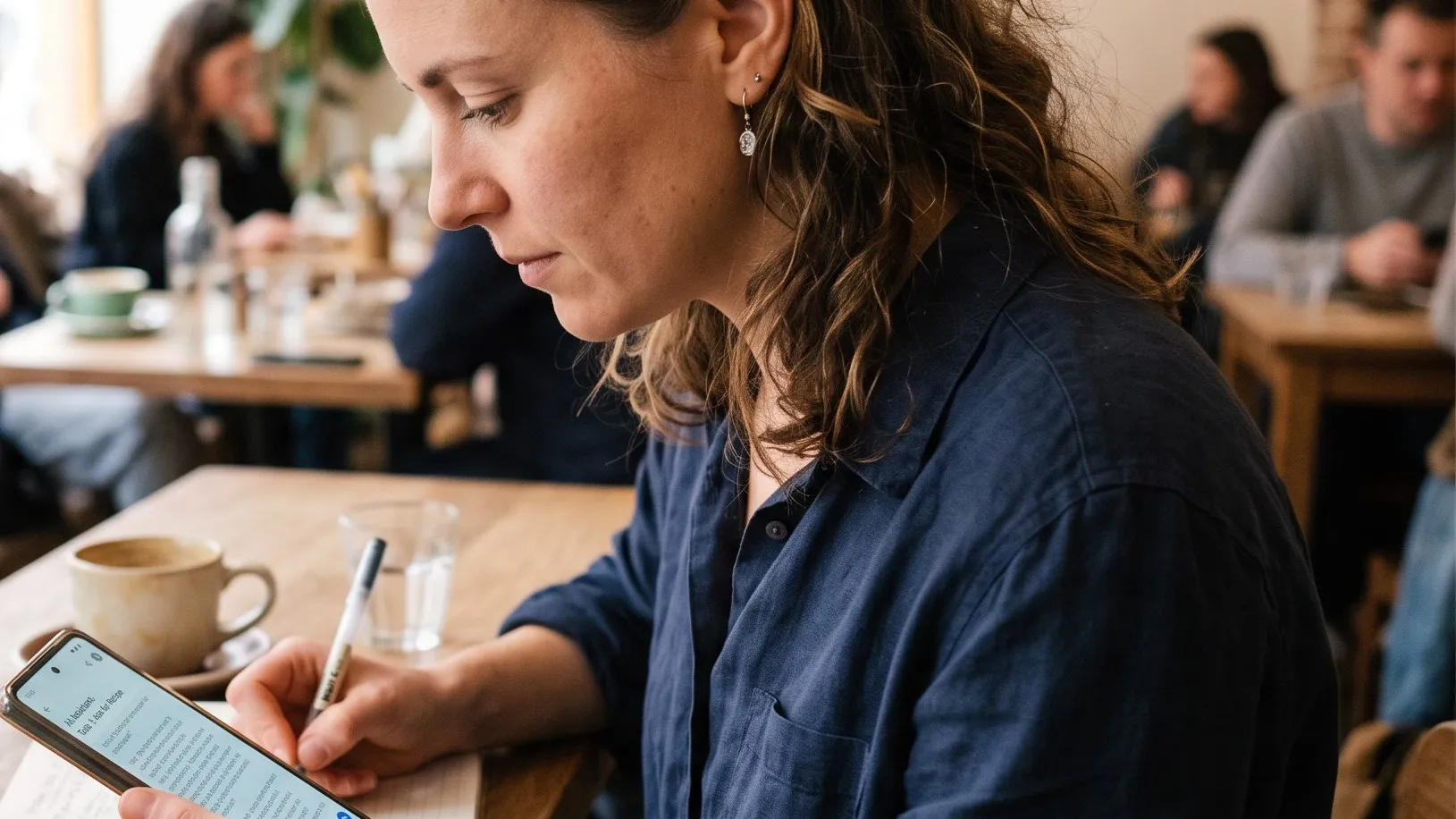 Someone checking an AI assistant on a phone and writing the results down by hand in a notebook