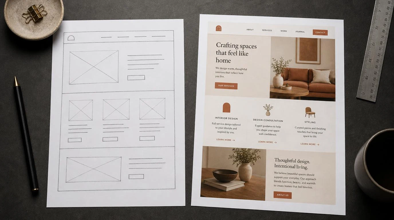 A hand-drawn wireframe beside the finished website design it became